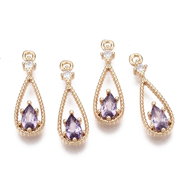 

PandaHall Brass Micro Pave Cubic Zirconia Pendants, with Glass, Teardrop, Long-Lasting Plated, Light Gold, Violet, 17.5x6x2.5mm, Hole: 1mm..., Purple