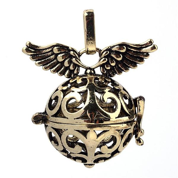 

PandaHall Rack Plating Brass Cage Pendants, For Chime Ball Pendant Necklaces Making, Hollow Round with Wing, Antique Bronze, 30x31x21mm...