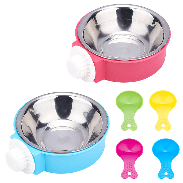 PandaHall AHANDMAKER 8Pcs 4 Colors Plastic Food Scoop, with 2 Sets 2 Colors PP Crate Dog Bowl, Removable Stainless Steel Hanging Pet Cage...