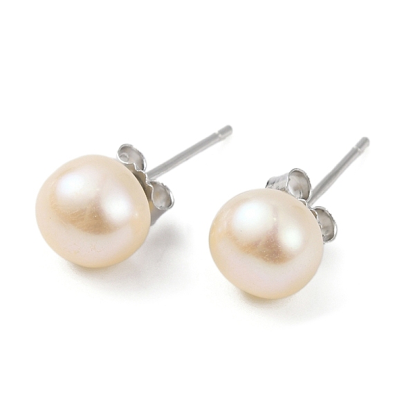 

PandaHall Natural Pearl Round Bead Stud Earrings, with Real Platinum Plated 925 Sterling Silver Findings, Blanched Almond, 16x6~7mm Pearl...