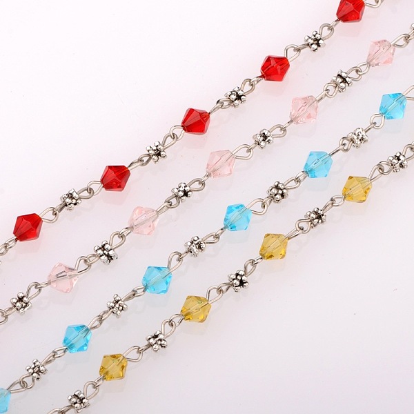 

PandaHall Handmade Bicone Glass Beads Chains for Necklaces Bracelets Making, with Tibetan Style Beads and Antique Silver Iron Eye Pin..., Multicolor