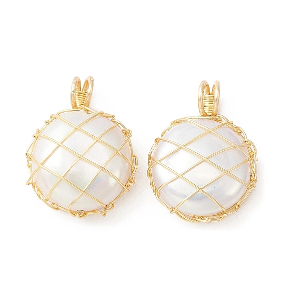 

PandaHall Natural Baroque Pearl Keshi Pearl Pendants, Flat Round Charms with Eco-Friendly Copper Wire Wrapped, Golden..., White