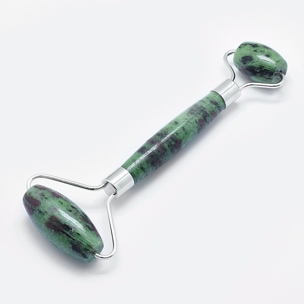 PandaHall Natural Ruby in Zoisite Brass Face Massager, Facial Rollers, Platinum, 146~150x54~58x19~22mm Ruby in Zoisite Others