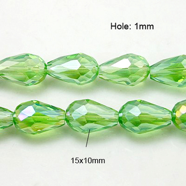PandaHall Electroplate Glass Beads Strands, AB Color Plated, Faceted Teardrop, Lime Green, 15x10mm, Hole: 1mm, 50pcs/strand, 27.1 inch Glass...