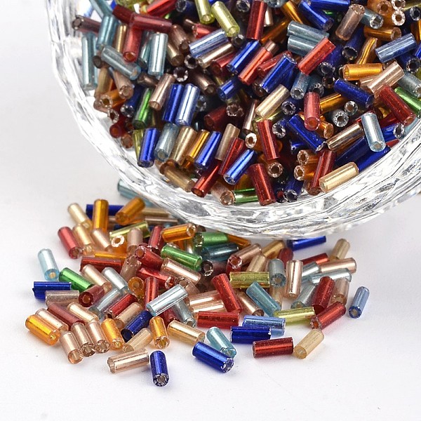 

PandaHall Tube Silver Lined Round Hole Glass Bugle Beads, Mixed Color, 3~5x1.8~2mm, Hole: 0.8mm, about 1200pcs/50g Glass Multicolor