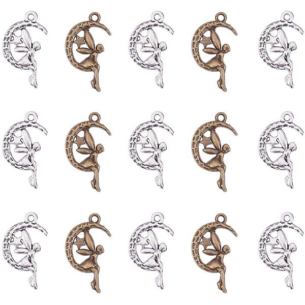 

PandaHall 120pcs 2 Colors Tibetan Style Moon with Fairy Shape Alloy Pendant Charms Necklace Bracelet Jewelry DIY Craft Making Antique...