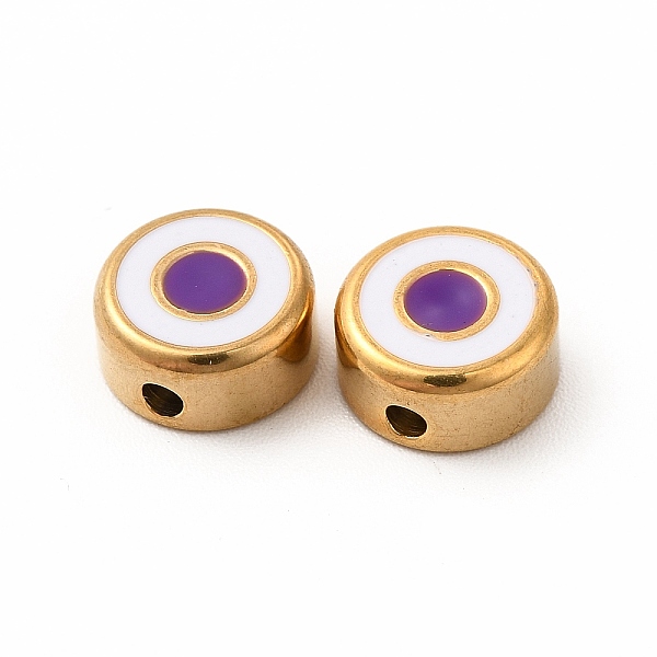 

PandaHall Eco-Friendly 304 Stainless Steel Beads, with Enamel, Flat Round with Evil Eye, Golden, Blue Violet, 8x4mm, Hole: 1.5mm Stainless...