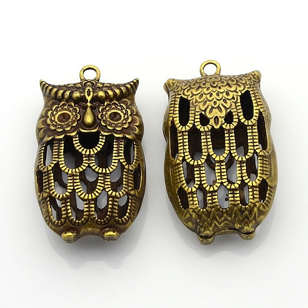 

PandaHall Hollow Tibetan Style Alloy Bird Pendant Rhinestone Settings, Owl for Halloween, Nickel Free, Antique Bronze, 44x25x13mm, Hole: 2mm...