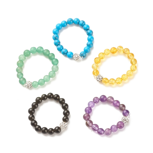 

PandaHall Gemstone Round Beaded Stretch Ring with Crystal Rhinestone Disco Ball for Women, US Size 9(18.9mm) Mixed Stone