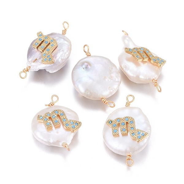 

PandaHall Natural Pearl Links connectors, with Brass Micro Pave Cubic Zirconia Findings, Flat Round with Constellation, Golden, Deep Sky..., Blue