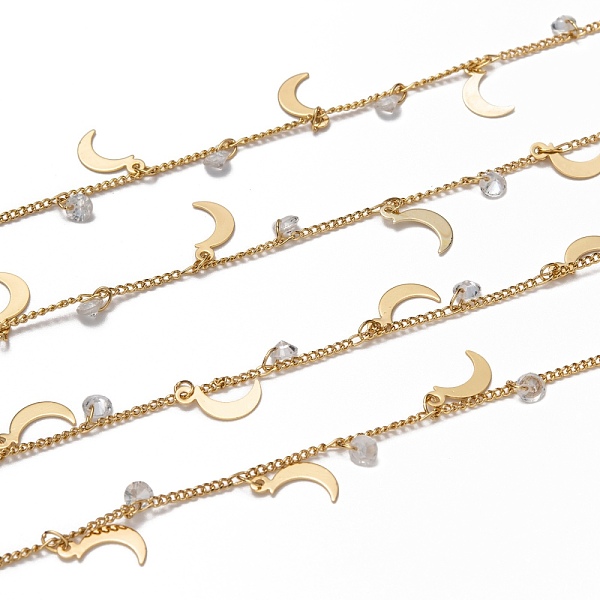 

PandaHall 3.28 Feet Handmade Brass Curb Chains, with Cubic Zirconia Charms, Long-lasting Plated, Soldered, Diamond Shapes & Moon, Golden..., Clear