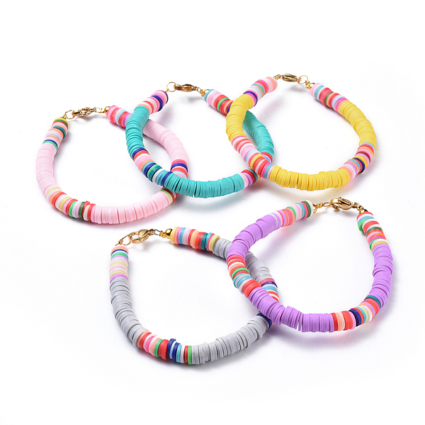 

PandaHall Handmade Polymer Clay Heishi Beads Bracelets, Brass Spacer Beads and 304 Stainless Steel Lobster Claw Clasps, Mixed Color, 7-1/2..., Multicolor