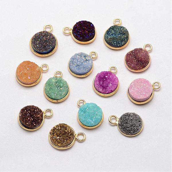 

PandaHall Electroplate Natural Druzy Quartz Crystal Pendants, Dyed, with Golden Plated Brass Finding, Flat Round, Mixed Color, 14~15x11x5mm..., Multicolor