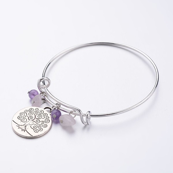 

PandaHall Brass Expandable Charm Bangles, Amethyst, with Tibetan Style Tree of Life Pendants, 69mm(2-3/4 inch) Amethyst