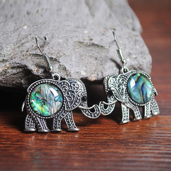 

PandaHall Natural Paua Shell Animal Dangle Earrings, Antique Silver Alloy Jewelry for Women, Elephant Pattern, 31x21mm Shell Elephant