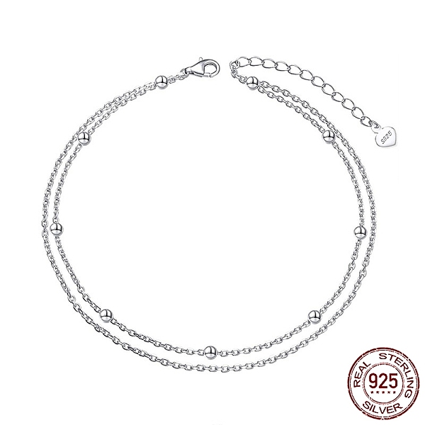 

PandaHall Rhodium Plated 925 Sterling Silver Double Layered Cable Chain Anklet with Beads for Women, with S925 Stamp, Real Platinum Plated...