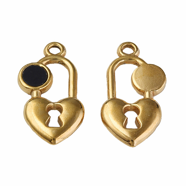 

PandaHall 304 Stainless Steel Pendants, with Dyed Black Shell, Heart-Shaped Lock, Golden, 20x11x2.5mm, Hole: 1.6mm Stainless Steel+Shell...