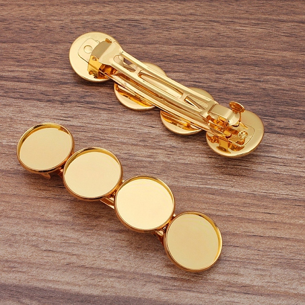 

PandaHall Iron Hair Barrette Findings, with Brass Flat Round Bezel Settings, Golden, 86x22mm, Tray: 20mm Iron