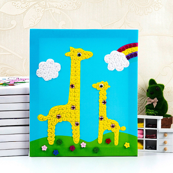 PandaHall Creative DIY Giraffe Pattern Resin Button Art, with Canvas Painting Paper and Wood Frame, Educational Craft Painting Sticky Toys...