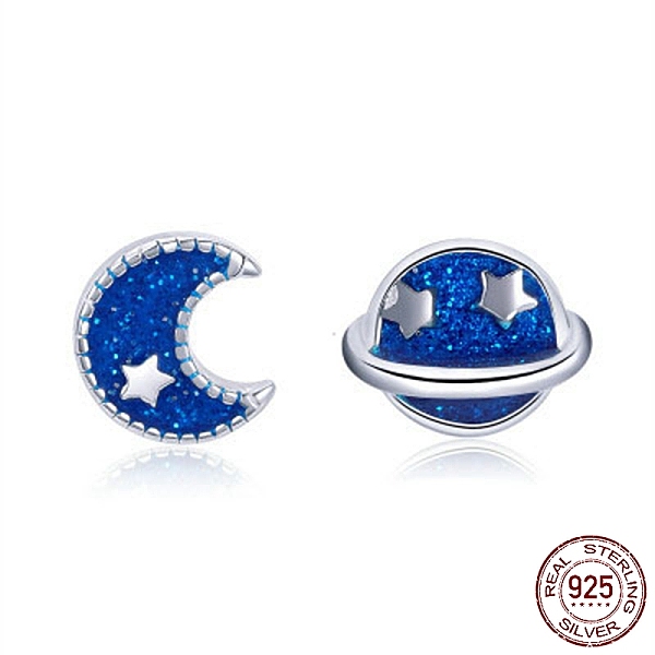 

PandaHall Rhodium Plated 925 Sterling Silver Enamel Stud Earrings, Asymmetrical Earrings, Moon & Sun, with 925 Stamp, Real Platinum Plated..., Blue