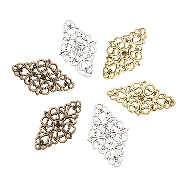 PandaHall Retro Hollow Alloy Links Accessories, DIY for Costume Making, Rhombus, Flower Pattren, Cadmium Free & Lead Free, Mixed Color...