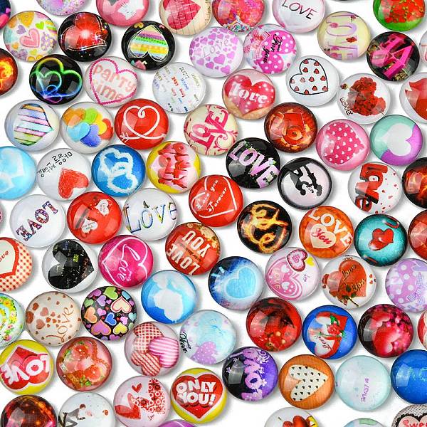 

PandaHall Valentine's Day Theme Flatback Glass Cabochons, Half Round/Dome with Heart & Word Love, Mixed Color, 12x3.5~4mm, 100pcs/bag Glass..., Multicolor