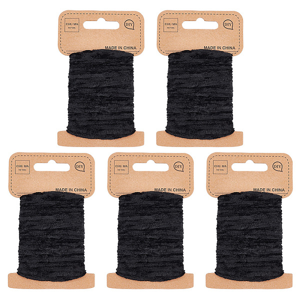 PandaHall Fluffy Cord, Chenille Polyester Yarn, for DIY Costume Bag Hat, Black, 3~4.5mm, about 10.94 Yards(10m)/Card Polyester Black