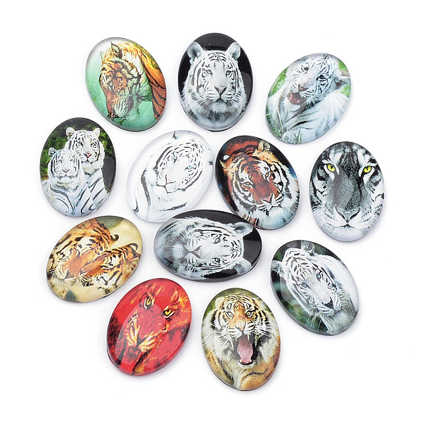 

PandaHall Flatback Glass Cabochons, for DIY Projects, Tiger Pattern, Oval, Mixed Color, 25x18x5.5mm Glass Oval Multicolor