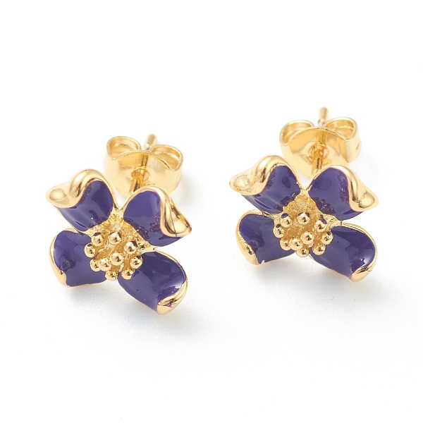 

PandaHall Brass Enamel Stud Earrings, with Ear Nuts, Flower, Real 18K Gold Plated, Purple, 11x12mm, Pin: 0.8mm Brass Flower Purple