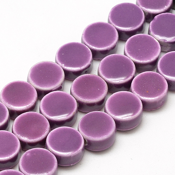 

PandaHall Handmade Porcelain Beads, Bright Glazed Porcelain, Flat Round, Medium Orchid, 8~8.5x4~4.5mm, Hole: 2mm Porcelain Flat Round Purple