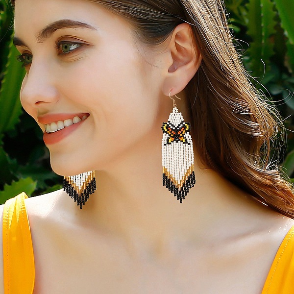 

PandaHall Bohemia Glass Seed Bead Dangle Earrings, Tassel Earrings for Women, Butterfly, 99~102x28~29mm Seed Beads Butterfly