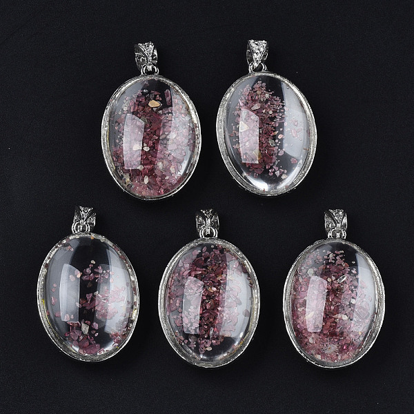 

PandaHall Transparent Glass Oval Pendants, with Shell Chip Beads Inside and Brass Findings, Platinum, Deep Pink, 45.5x31.5x19mm, Hole: 8.5mm...