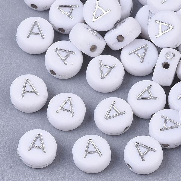 

PandaHall Plating Acrylic Beads, Silver Metal Enlaced, Horizontal Hole, Flat Round with Letter, White, Letter.A, 7x4mm, Hole: 1.2mm, about...