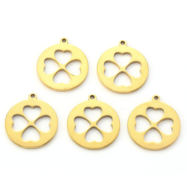 

PandaHall Vacuum Plating 201 Stainless Steel Pendants, Laser Cut, Flat Round with Clovers, Golden, 18x15.5x1mm, Hole: 1.2mm 201 Stainless...