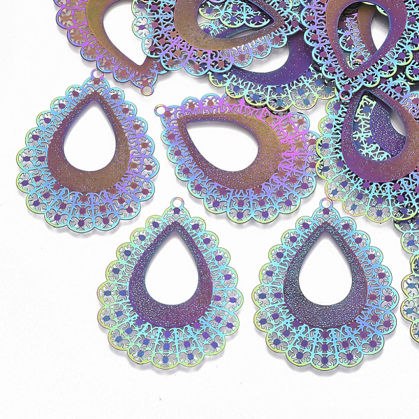 

PandaHall Ion Plating(IP) 304 Stainless Steel Filigree Pendants, Etched Metal Embellishments, Teardrop, Rainbow Color, 45x35x0.3mm, Hole...