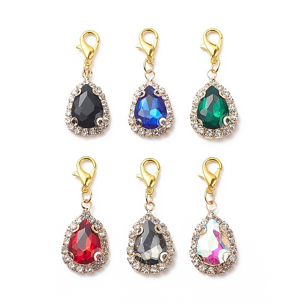 PandaHall Brass Cubic Zirconia Teardrop Pendant Decorations, with Glass, Lobster Clasp Charms, Clip-on Charms, for Keychain, Purse, Backpack...