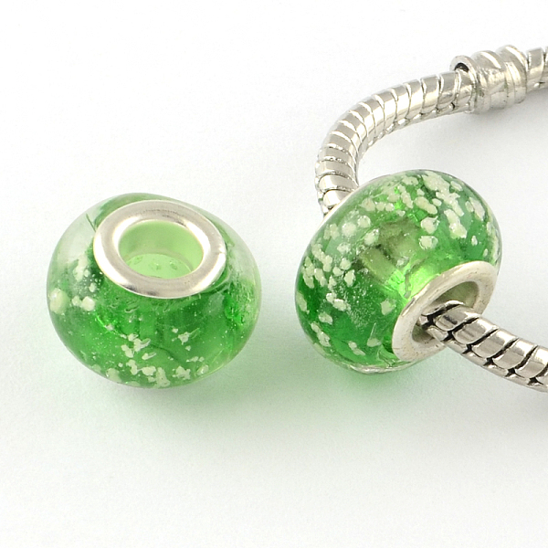 

PandaHall Glow In The Dark Handmade Luminous Style Lampwork Large Hole European Beads, with Silver Tone Brass Cores, Rondelle, Lime Green...