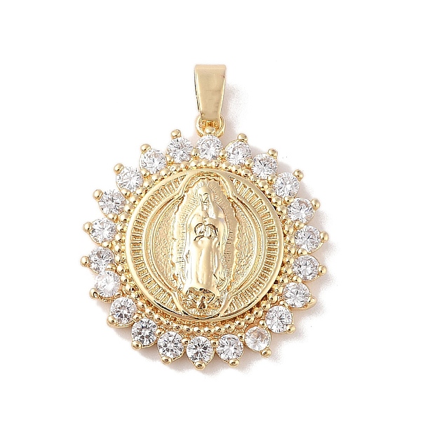 

PandaHall Brass Cubic Zirconia Pendants, Long-Lasting Plated, Flat Round with Holy Virgin Charms, Golden, Clear, 31x26x4.5mm, Hole: 6mm...
