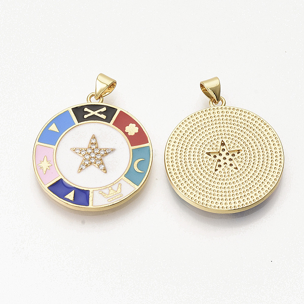 

PandaHall Golden Plated Brass Micro Pave Clear Cubic Zirconia Pendants, with Enamel, Flat Round with Star, White, 30x26.5x2.5mm, Hole: 3x4mm...
