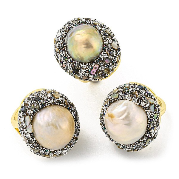 

PandaHall Natural Abalone Shell Open Cuff Ring with Rhinestone, Brass Finger Ring, Real 14K Gold Plated, US Size 7(17.3mm) Brass+Shell