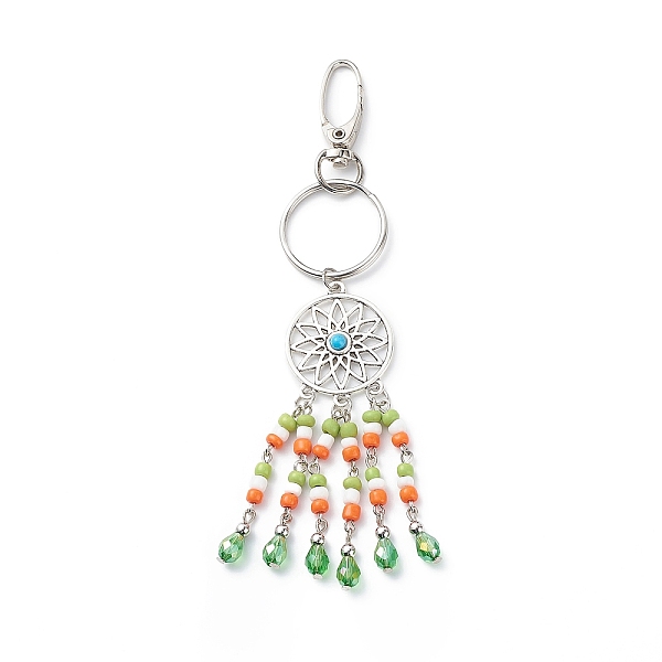 

PandaHall Woven Net/Web Pendant Keychain, Glass Seed Beaded Keychain, with Iron Findings, Colorful, 14cm Glass Flat Round