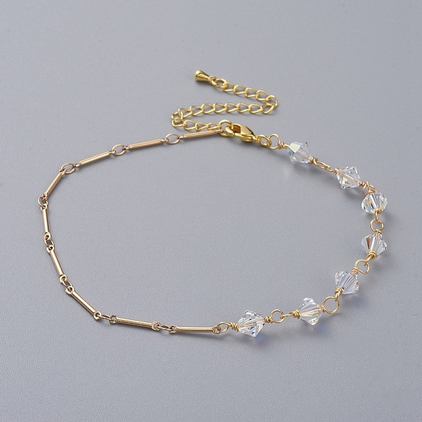 

PandaHall Bicone Austrian Crystal Anklets, with Real 18K Gold Plated Brass Bar Link Chains, Brass Chain Extender and Lobster Claw Clasps..., White
