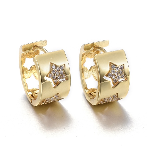 

PandaHall Brass Micro Pave Cubic Zirconia Huggie Hoop Earrings, Long-Lasting Plated, Hollow, Ring with Star, Clear, Real 18K Gold Plated...