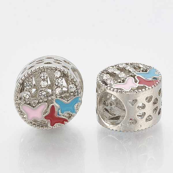 

PandaHall Alloy Rhinestone European Beads, with Enamel, Large Hole Beads, Hollow, Column with Butterfly, Colorful, Crystal, Platinum..., Clear