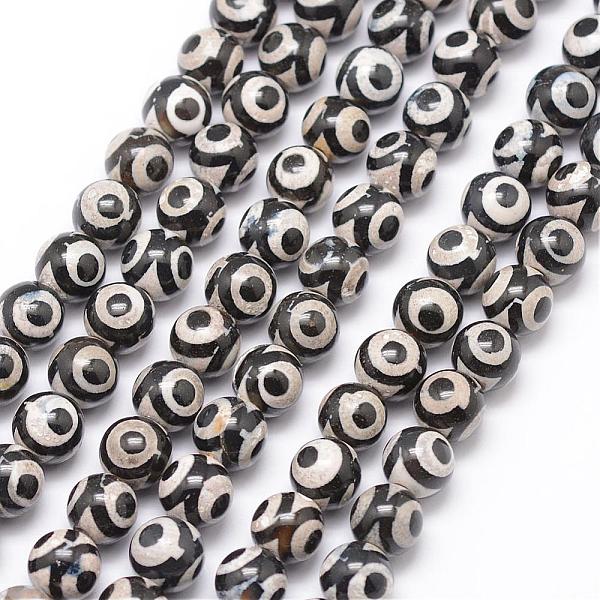 

PandaHall Tibetan Style 3-Eye dZi Beads, Natural Agate Bead Strands, Round, Dyed & Heated, Black, 8mm, Hole: 1mm, about 47pcs/strand, 15...