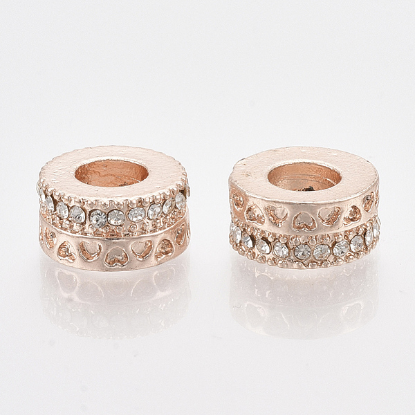 

PandaHall Rose Gold Plated Alloy European Beads, with Rhinestones, Large Hole Beads, Flat Round with Heart, Crystal, 10x5mm, Hole: 5mm..., Clear