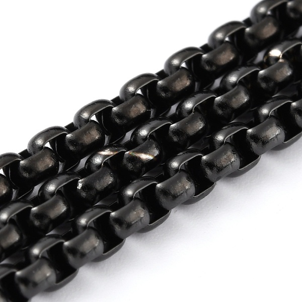 

PandaHall 304 Stainless Steel Box Chains, Unwelded, with Spool, Electrophoresis Black, 3x3x1.5mm, 32.8 Feet(10m)/roll 304 Stainless Steel