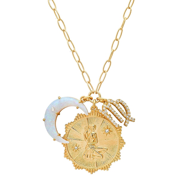 

PandaHall Cubic Zirconia Constellation & Opalite Moon Pendant Necklace, with Golden Brass Paperclip Chains, Virgo, 19.69 inch(50cm) Opalite...