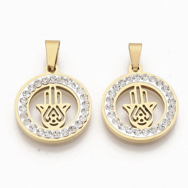 

PandaHall 201 Stainless Steel Pendants, with Random Size Snap On Bails and Polymer Clay Crystal Rhinestones, Flat Round with Hamsa Hand/Hand..., Clear