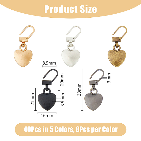 

PandaHall DICOSMETIC 40Pcs 5 Colors Heart-Shaped Zippers Antique Detachable Zipper Alloy Slider Pull Tabs Replacement Versatile Accessories...